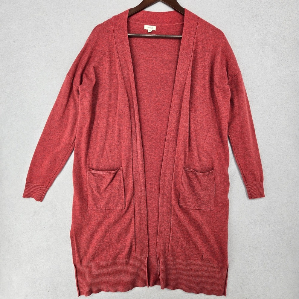 Debut Womens Small Burgundy Open Front Longline Duster Cardigan Heathered Knit